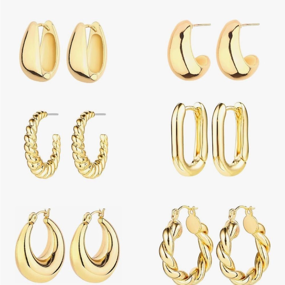 6 14K Gold Plated Chunky Hoop Earrings Set Gold Huggie 6 Pairs Preppy Jewelry